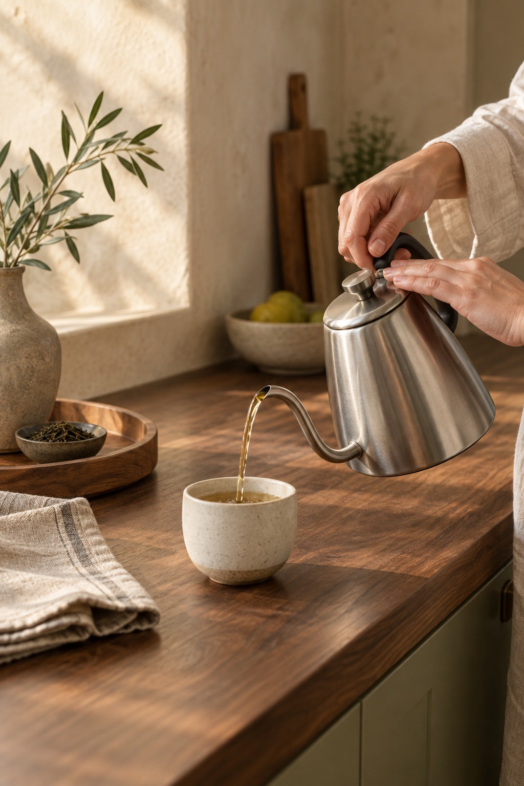 Tea poured into a stoneware cup during a quiet morning ritual.
