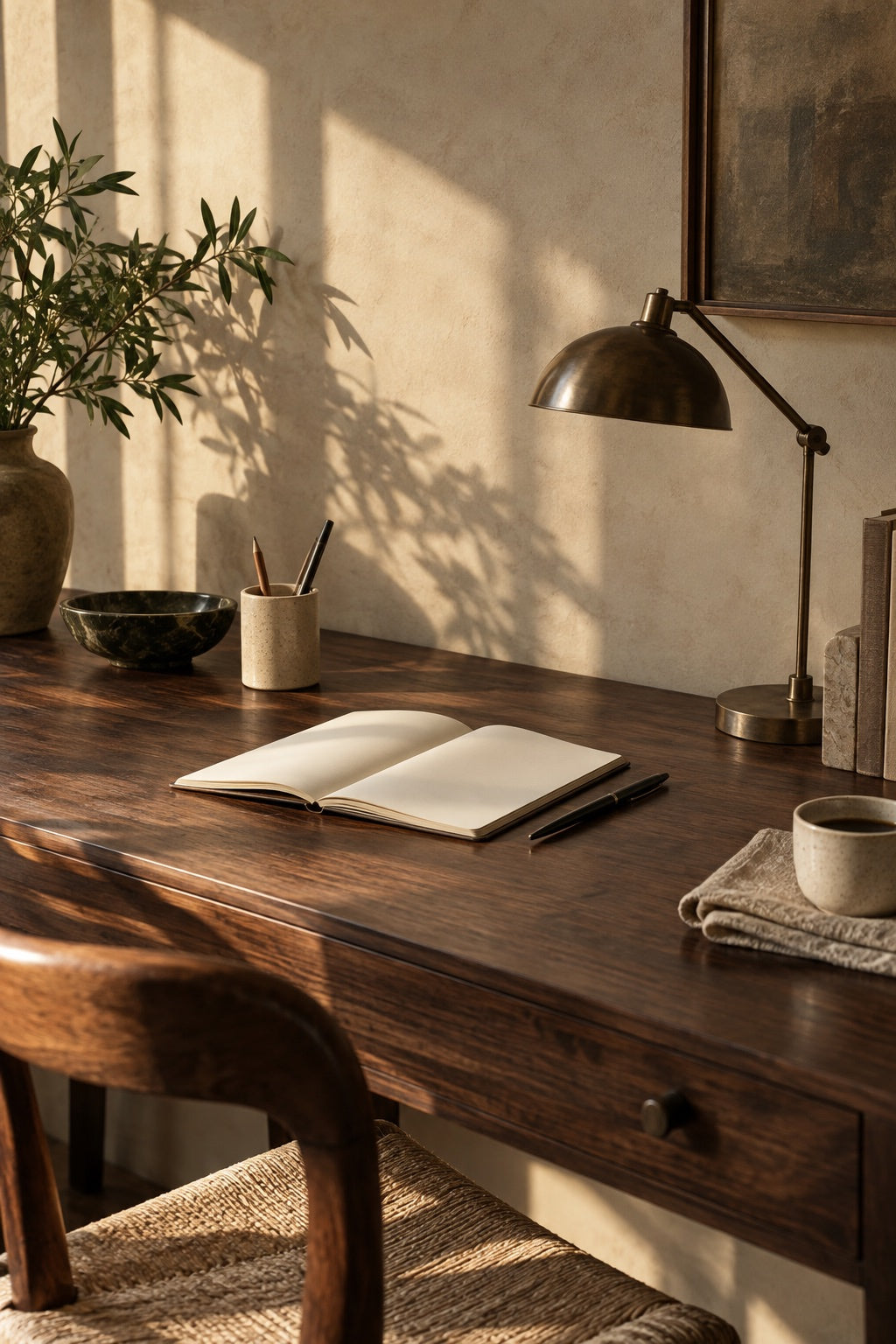 A notebook, pen and ceramics on a sunlit walnut desk.